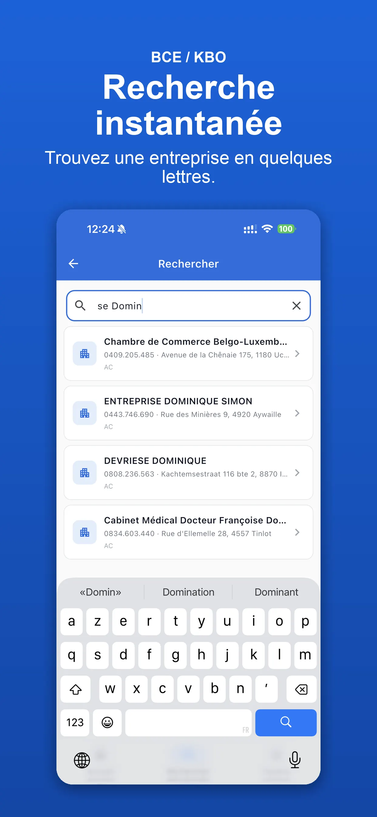 Fiche détaillée d'une entreprise avec toutes les informations BCE/KBO