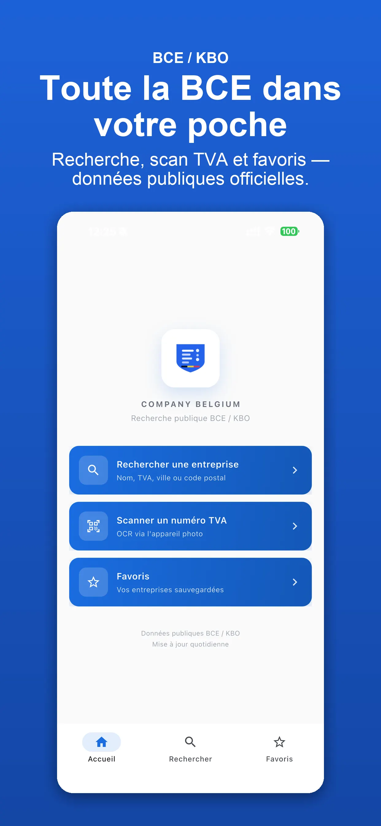 Écran de recherche d'entreprises belges dans l'application BCE sur iPhone