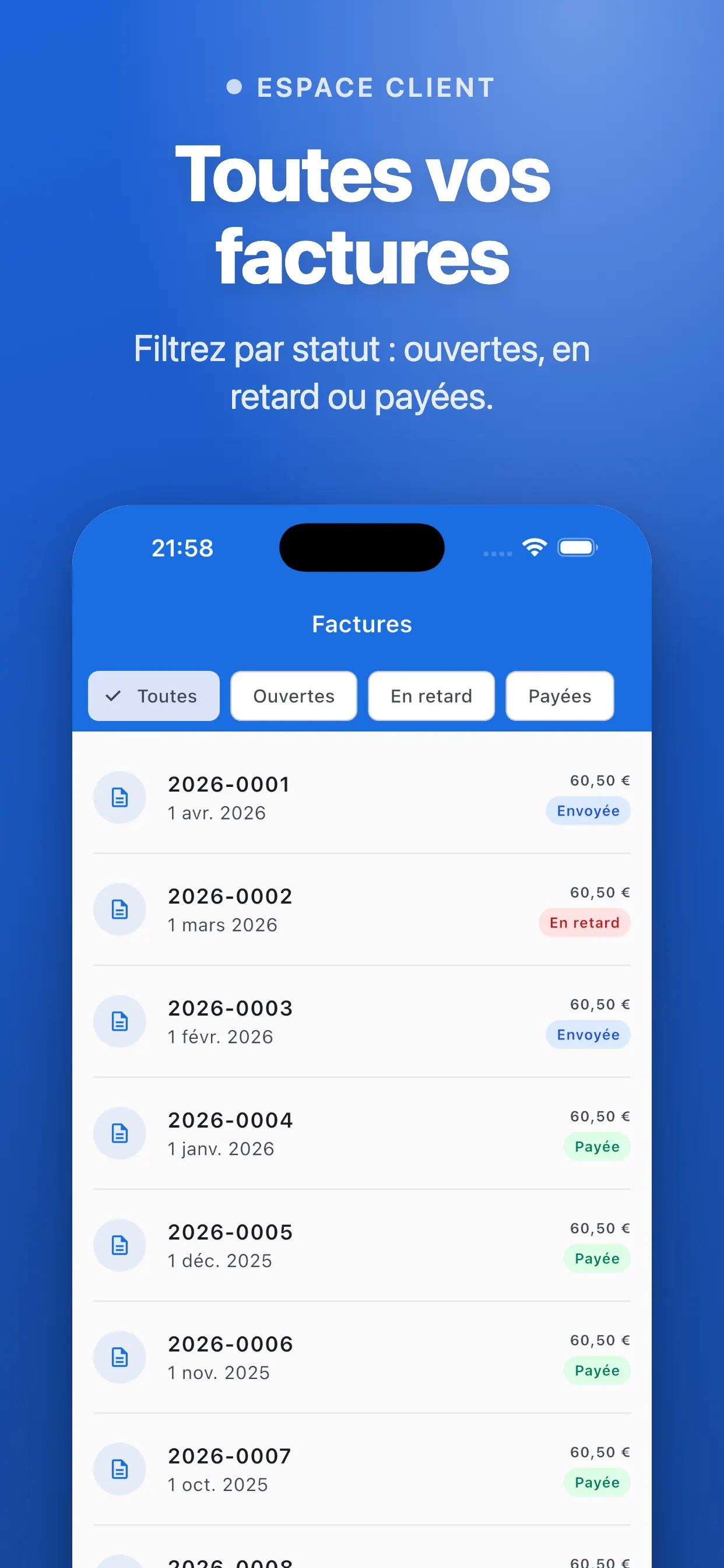 Liste des factures avec filtres par statut