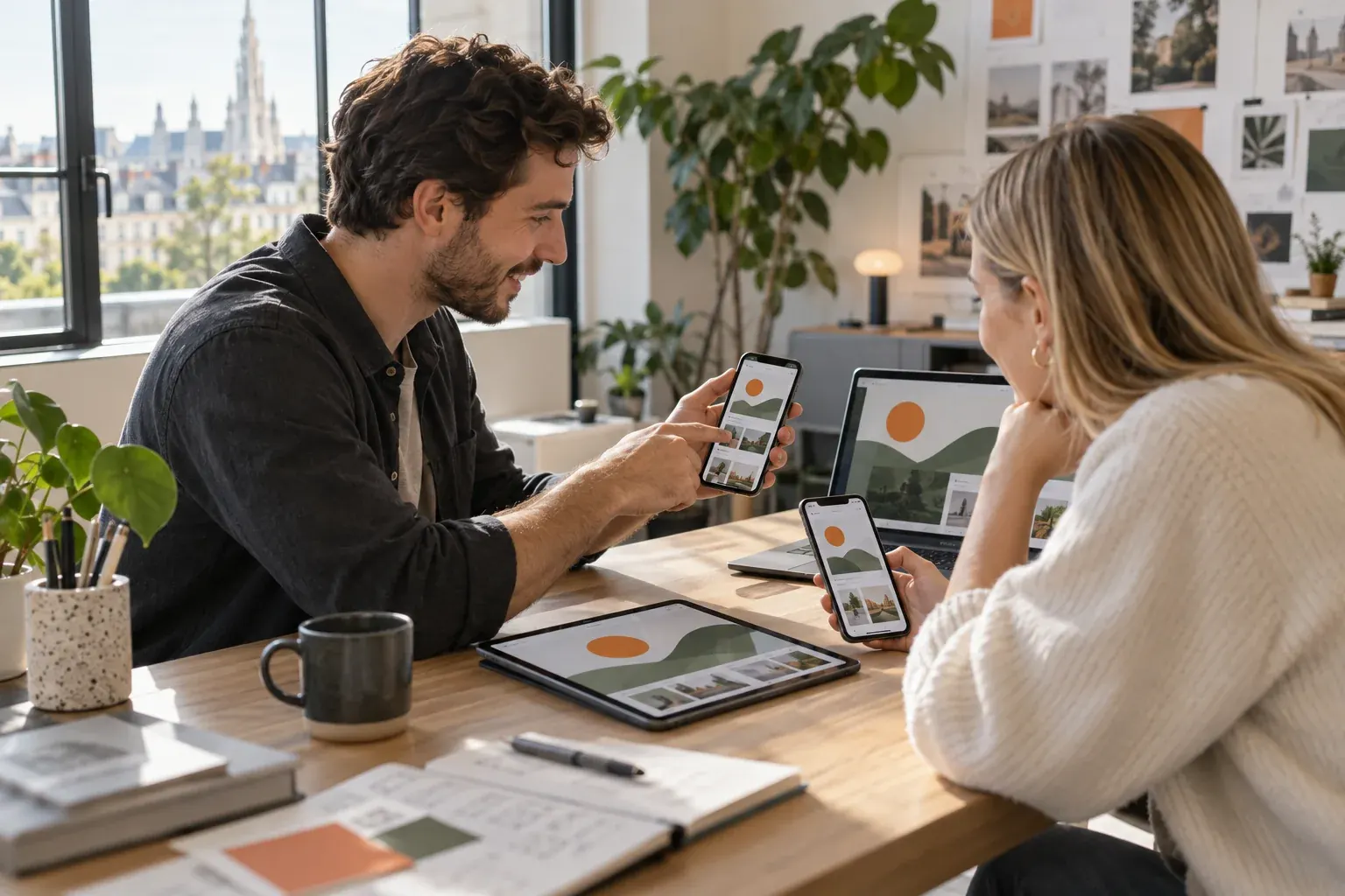 Deux collègues testent des applications sur smartphone et tablette dans un bureau lumineux