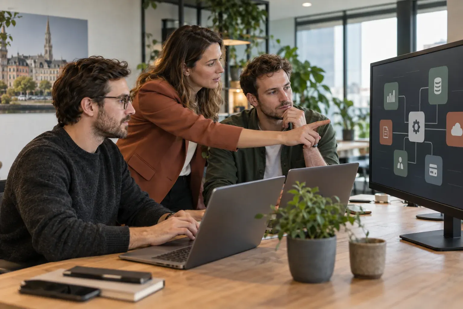 Séance de développement IT : trois collègues étudient un schéma d'architecture logicielle sur un grand écran