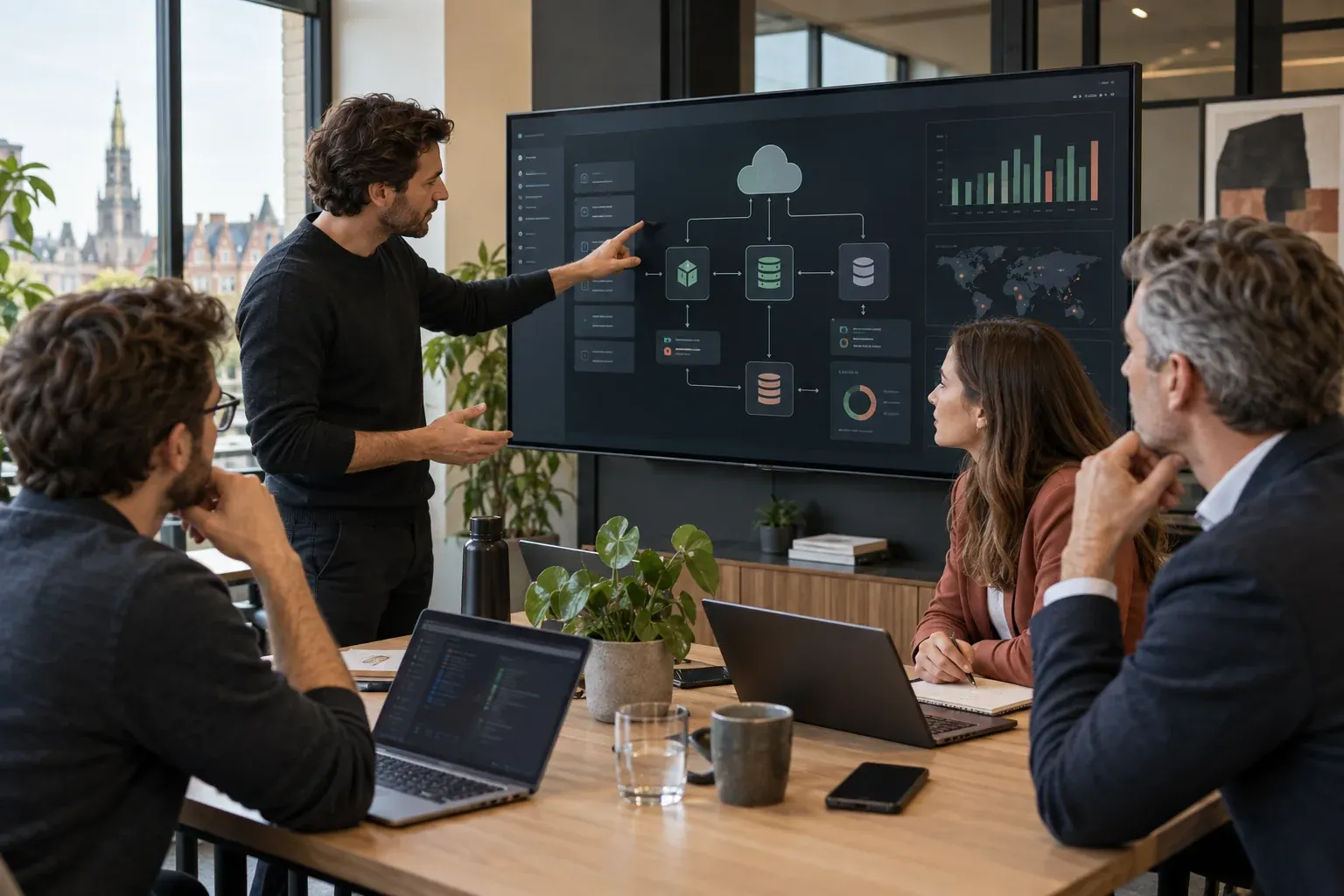 Atelier plateformes web : un intervenant présente un schéma d'architecture cloud et un tableau de bord à trois collègues