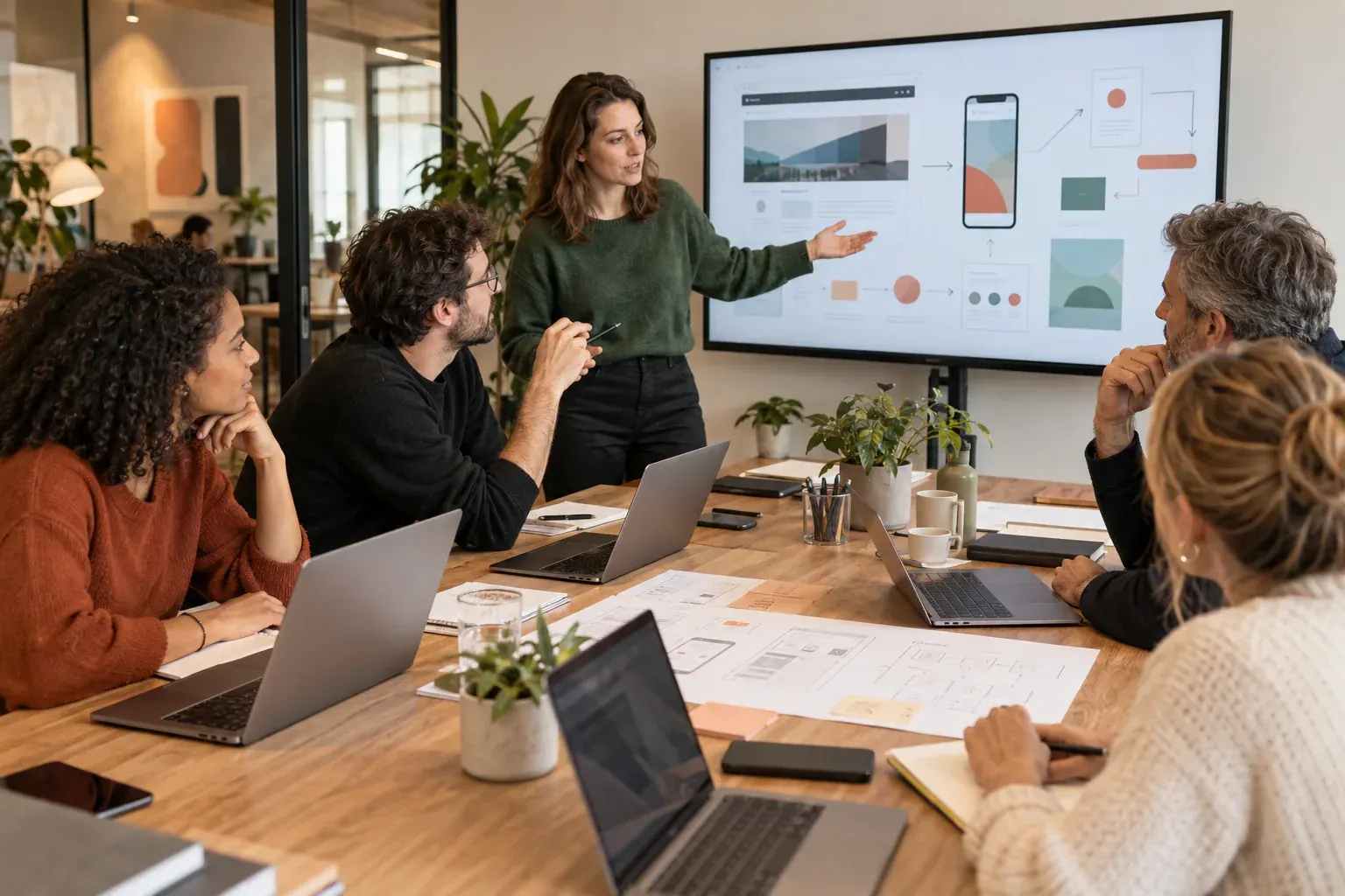Services informatiques en atelier : une intervenante présente des maquettes web et mobile à quatre collègues