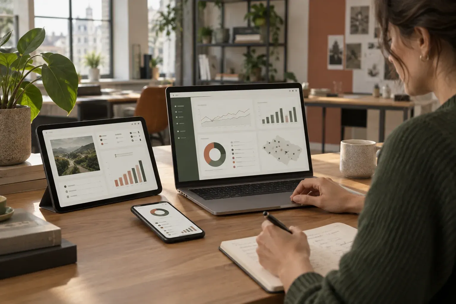 Ordinateur, tablette et smartphone affichant des tableaux de bord, pour illustrer les solutions Espero-Soft