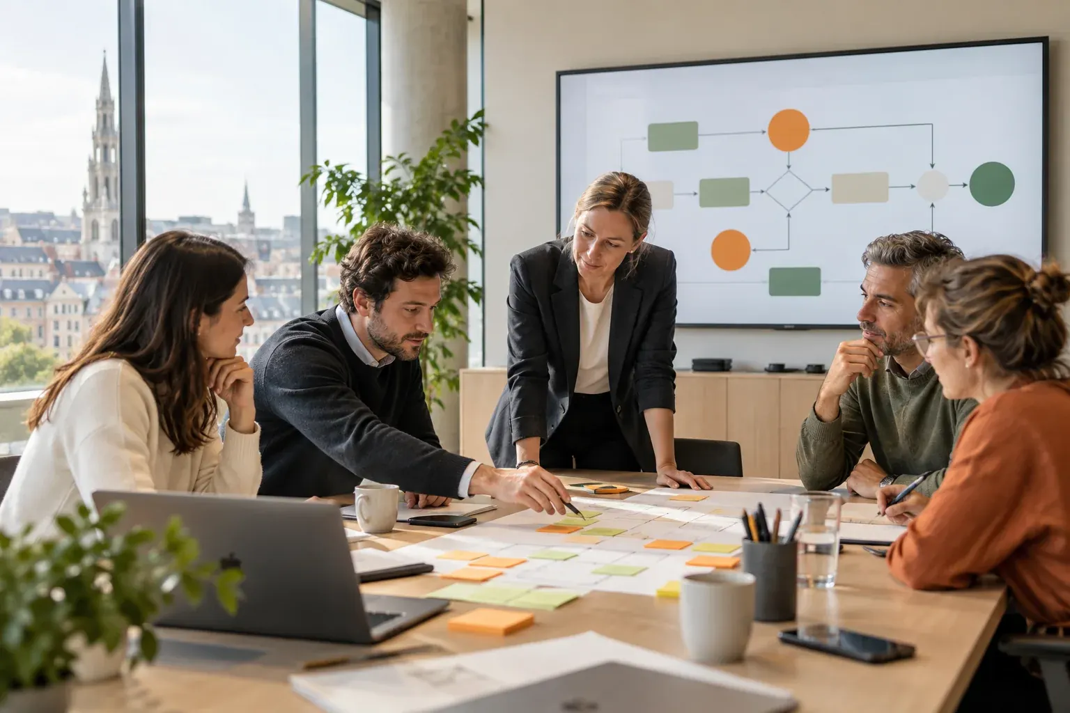 Atelier de transformation digitale : cinq collègues autour de post-it, un schéma de processus affiché à l'écran