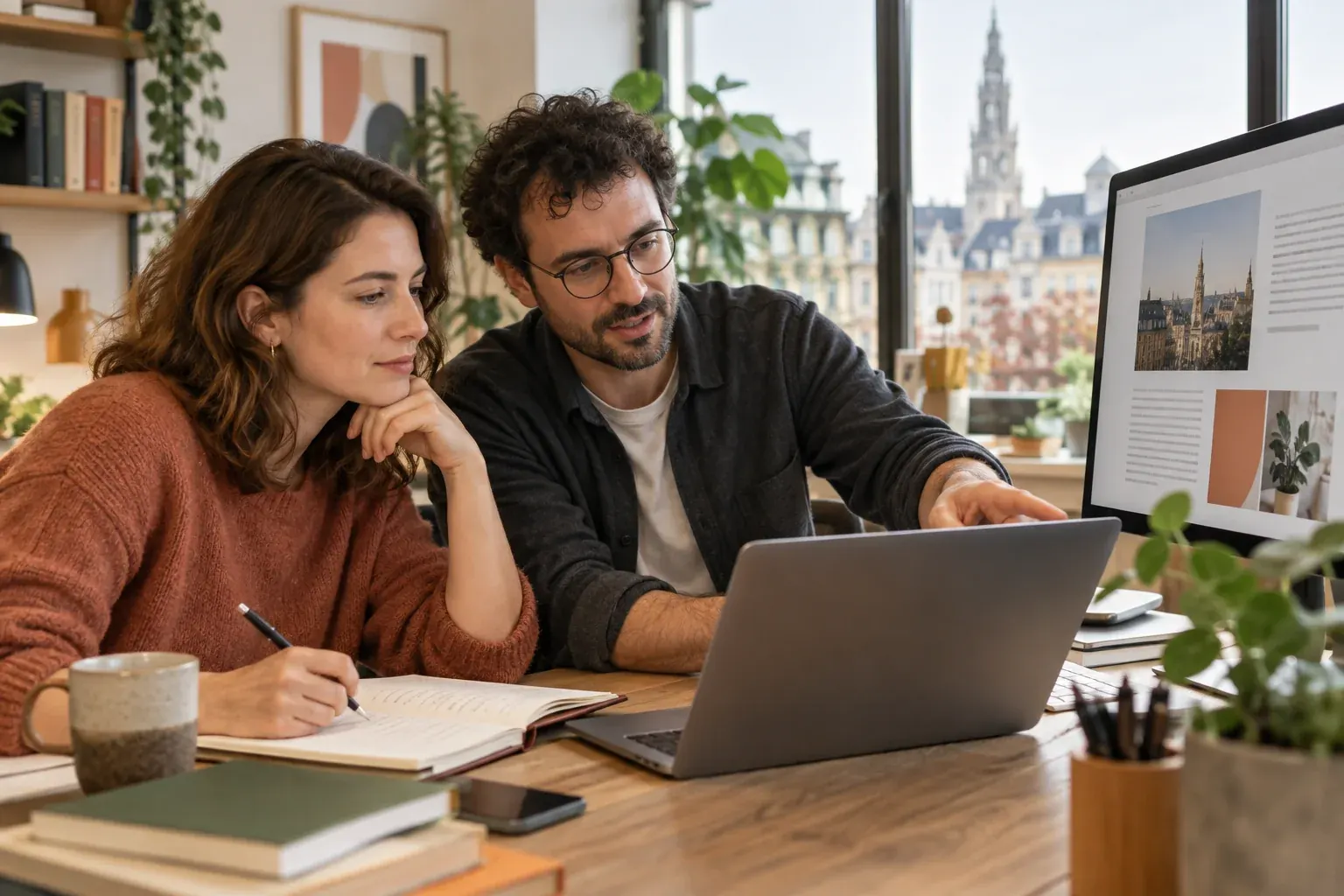 Deux entrepreneurs lisent un article de conseils sur un ordinateur portable, vue sur l'hôtel de ville de Bruxelles