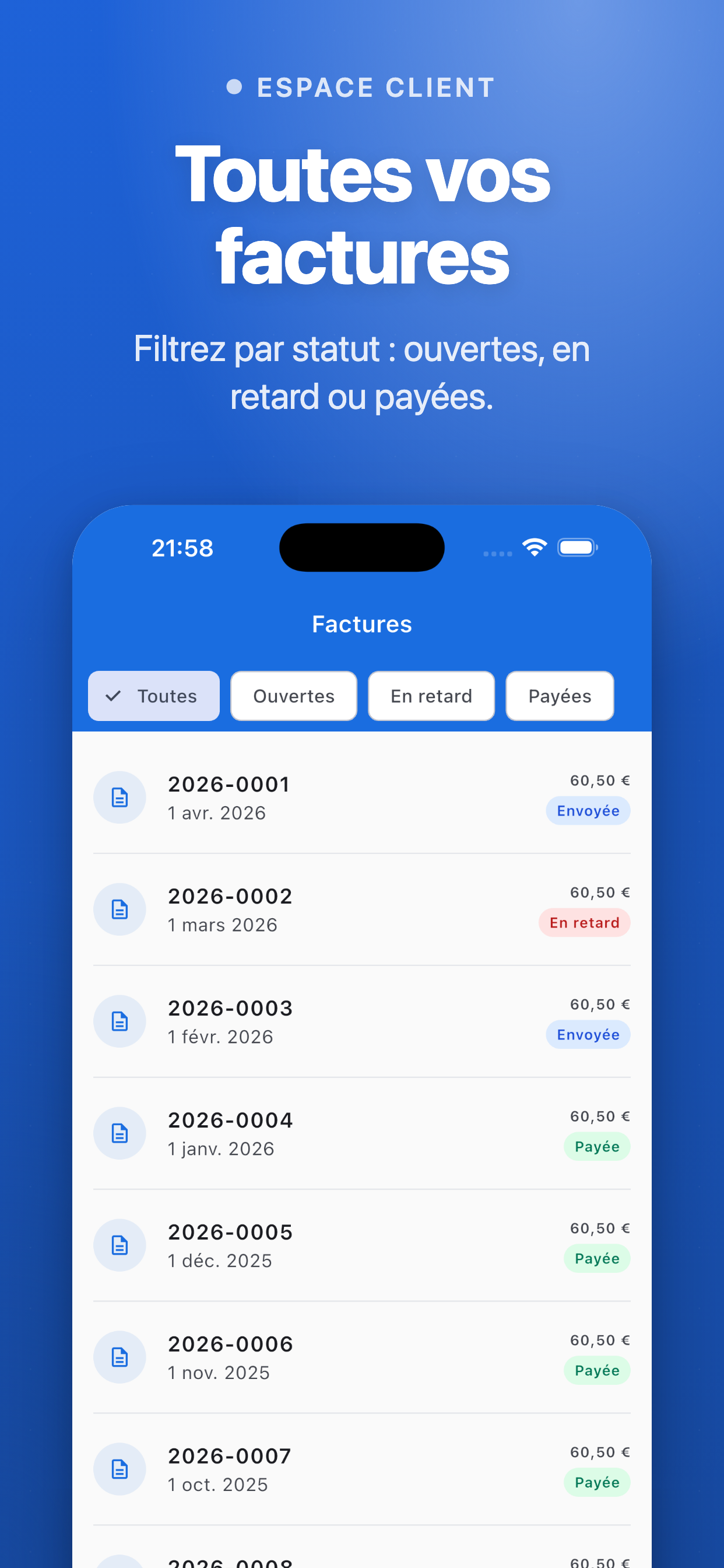 Liste des factures avec filtres par statut — Company Belgium Client