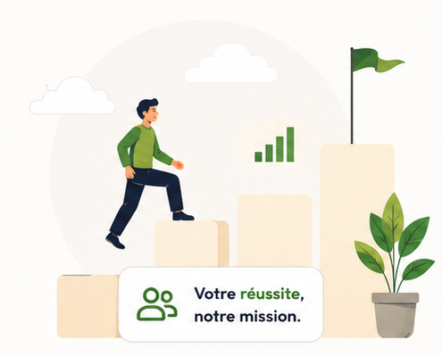 Illustration : une personne gravit des marches vers un drapeau, avec la mention « Votre réussite, notre mission. »
